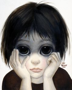 a painting of a girl with black hair and big eyes holding her hands to her face