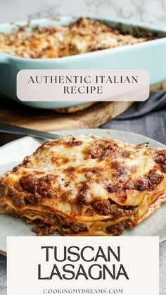 two plates with lasagna casserole on them and the title authentic italian recipe