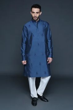 Shop for Sanjev Marwaaha Blue Cotton Silk Flower Hand Embroidered Kurta And Pant Set for Men Online at Aza Fashions Blue Long Sleeve Kurta For Diwali, Blue Embroidered Long Sleeve Sherwani, Blue Long Sleeve Sherwani With Floral Embroidery, Blue Bandhgala With Floral Embroidery For Diwali, Blue Bandhgala With Floral Embroidery, Blue Bandhgala With Floral Embroidery And Long Sleeves, Blue Floral Embroidery Bandhgala For Diwali, Embroidered Blue Traditional Long Sleeve Wear, Blue Long Sleeve Bandhgala With Resham Embroidery