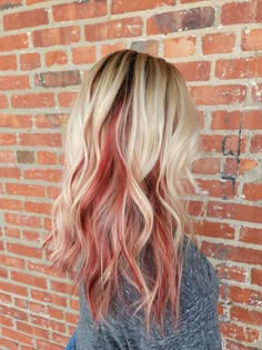 Blonde With Colored Peekaboo, Platinum Blonde With Copper Underneath, Blonde With Fun Colors Underneath, Blonde Ideas For Fall, Blonde Balayage With Red Highlights, Blond Hair With Underneath Color, Blonde Hair With Red Balayage, Blond Hair With Dyed Tips, Fall Blonde Hair With Red