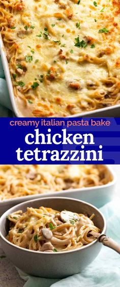 chicken tetrazzini in a casserole dish with text overlay