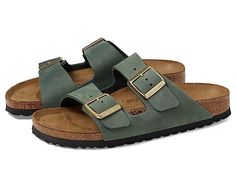 Casual Double Strap Footbed Sandals With Buckle, Casual Double Strap Footbed Sandals With Buckle Closure, Green Leather Footbed Sandals Casual Style, Green Leather Casual Footbed Sandals, Casual Green Leather Footbed Sandals, Classic Slide Footbed Sandals For Spring, Comfortable Footbed Sandals With Buckle Closure For Outdoor, Casual Adjustable Footbed Sandals For Outdoor, Adjustable Casual Footbed Sandals For Outdoor