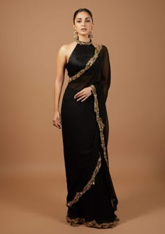 Black And Gold Stitched Sari And Blouse by Tamanna Punjabi Kapoor, available on Indiaspopup.com Sabyasachi Saree, Lehenga Sari, Saree Jacket Designs, Sari Lehenga, Sabyasachi Sarees, Saree Jackets, Sequence Saree, Saree Bollywood, Sari Design