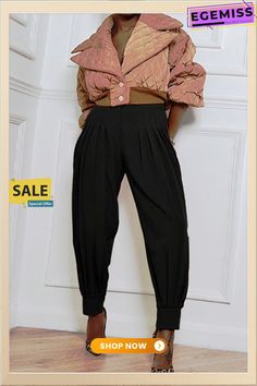 Fashion Casual Solid Basic Regular High Waist Pleated Trousers Spring Office Bottoms In Solid Color, Pleated Office Pants For Fall, Pleated Pants For Office Wear In Fall, Casual Pleated Pants For Party, Fall Office Pleated Pants, Fall Pleated Pants For Office, Trendy Pleated Bottoms For Work, Spring Baggy Pleated Pants, Spring Pleated Baggy Pants