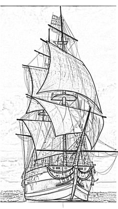 a drawing of a sailboat on the water with sails and masts, in black and white