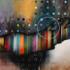 an abstract painting with multicolored circles and lines on the bottom half of it