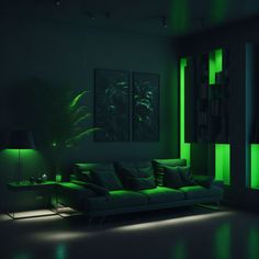 a living room with green lighting in the corner and dark furniture on the floor,