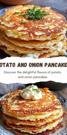 potato and onion pancakes on a plate with the title above it that says potato and onion pancakes