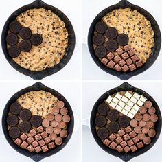 four images show the process of making an oreo - peanut butter and chocolate skillet cake