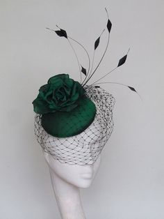 Emerald Green Fascinator Black Fascinator For Kentucky Derby Gift, Green Handmade Flowers Wedding Fascinator, Elegant Green Fascinator For Evening, Elegant Green Evening Fascinator, Green Fascinator With Handmade Flowers For Party, Green Evening Fascinator Hat, Green Evening Fascinator, Elegant Green Fascinator For Church, Elegant Green Church Fascinator