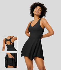 Women’s V Neck Backless Cut Out 2-in-1 Side Pocket Flowy Mini Tennis Dress - Halara Aesthetic Dress Outfit, Workout Dress, Active Dress, Aesthetic Dress, Winter Dress Outfits, Fall Dress Outfit, Dress Up Outfits, Dress Aesthetic, Summer Dress Outfits