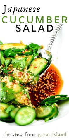 the cover of japanese cucumber salad is shown on a plate with a spoon