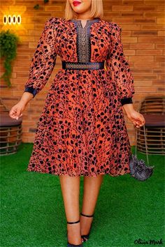 Olivia Mark - Chic Printed Patchwork V-Neck Long Sleeve Plus Size Dress Long Sleeve Mesh Dress, Flattering Outfits, African Dresses For Women, Mesh Long Sleeve, Daily Dress, Dress Size Chart, African Dress, Mesh Dress, Plus Size Dress