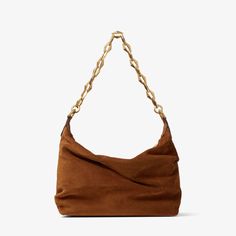 DIAMOND SOFT HOBO/S | Tan Suede Hobo Bag with Chain Strap | Summer Collection | JIMMY CHOO Familia Diamond, Leather Strap Bag, Suede Hobo Bag, Suede Bag, Bag With Chain, Hobo Shoulder Bag, Bag Chain, Shoulder Chain, Bon Bon