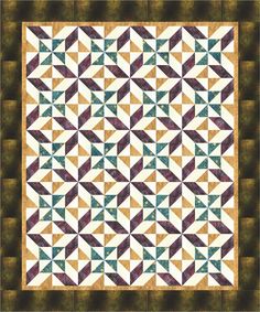 a quilt made with squares and triangles in green, yellow and brown colors on a white background