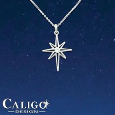 North Star Pendant Necklace 14K White gold Star with Diamond | Etsy -  Star Jewelry by Caligo Design - Nature Inspired Jewelry - #star #stars #starNecklace #diamondStar #northStar #northStarNecklace #starJewelry #northStarJewelry #nightSky #starryNight #constantStar #northernHemisphere #nightSkyNecklace #diamondNecklace #14Kstar #goldStar #polarisStar #natureinspiredjewelry #caligoDesign #beautiful #sparkling #uniqueJewelry #nightJewelry #sparkling #fascinate Silver Star-shaped Diamond Necklace With Accents, Silver Star-shaped Jewelry With Single Cut Diamonds, Sterling Silver Star-shaped Diamond Necklace, Star-shaped Diamond Necklace With Diamond Accents, Diamond White Star-shaped Necklace With Diamond Accents, Sterling Silver Star Diamond Necklace With Accents, Diamond White Star Necklace With Diamond Accents, Star-shaped Silver Diamond Necklace For Anniversary, Sterling Silver Star Diamond Necklace