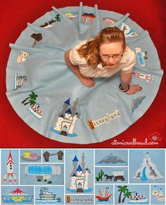 a woman laying on top of a blue mat covered in magnets and stickers