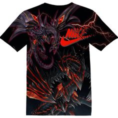 a t - shirt with an image of a dragon on the chest and lightning in the background