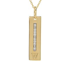 Personalize your style with this gorgeous 0.08 carat diamond initial bar pendant with chain. Choose your initial or that of a loved one! It beautifully displays eight 1.3mm round diamonds in a vertical row. It's expertly crafted in 18K yellow gold vermeil over sterling silver with a high-polished finish. The 18" cable link chain has a 2" extender to ensure it perfectly complements your wardrobe. A single bail lets you effortlessly place the pendant on many of your other favorite chains, as well. Classic Engraved Diamond Necklace, Classic Personalized White Gold Diamond Necklace, Anniversary Diamond Necklace With Rectangular Pendant, Classic Personalized Diamond Necklace For Anniversary, Classic Diamond Accented Bar Necklace For Anniversary, Personalized Classic Diamond Necklace For Anniversary, Classic Bar Necklace With Diamond Accents For Anniversary, Classic Diamond Accents Bar Necklace For Anniversary, Classic Personalized Yellow Gold Diamond Necklace