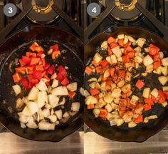 two frying pans filled with vegetables on top of a stove burner next to each other