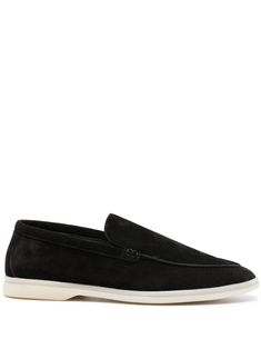 black calf suede slip-on style almond toe branded leather insole flat rubber sole Suede Slip-ons With Almond Toe And Leather Sole, Suede Slip-ons With Suede Lining, Suede Slip-on Sneakers With Leather Sole And Round Toe, Black Slip-on Loafers With Suede Lining, Suede Slip-on Sneakers With Contrast Sole, Classic Suede Slip-ons With Stitched Sole, Suede Slip-ons With Plain Toe, Calf Leather Slip-on Dress Shoes With Suede Lining, Classic Black Suede Slip-ons