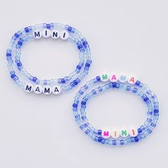 "Treat yo' self or your best mom friend to a cute, colorful bracelet set with MAMA and MINI brightly beaded! Length and text fully customizable.  Stackers will coordinate evenly with bracelet sizes selected unless otherwise requested.  Sets may be MAMA/MINI, two adults, or two kids. Please indicate your choice in order personalization notes.  Standard lengths are 7\" for women, 8\" for men, 5.5\" for kids. **Please double check all personalization details and requests. All bracelets are custom m Adjustable Blue Name Bracelet With Colorful Beads, Blue Name Bracelet With Colorful Beads As Gift, Blue Name Bracelet For Mother's Day Gift, Cute Adjustable Letter Beads, Blue Name Bracelet With Colorful Beads, Blue Name Bracelet With Colorful Round Beads, Blue Friendship Bracelets With 8mm Beads, Mother's Day Blue Name Bracelet Gift, Blue Beaded Bracelets For Mother's Day