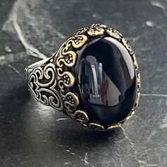 Handmade Natural Oval Black Onyx Gemstone Ring , Silver Floral Patterned Ring , Crown Flower Ring , 925k Sterling Silver Jewelry , Gift For Him , Same Day For Shipping ✧ Product Details * Handmade İtem * Gender : Male / Female * Material : 925K Sterling Silver * Ring Weight : 14.5 Grams * Gemstone Type : Black Onyx ✔ Usage Details * Silver jewelry is very sensitive to chemicals. It is recommended to keep away from chemical substances such as cream, bleach, deodorant, detergent. * Silver jewelry Black Oval Engraved Jewelry, Oval Black Engraved Jewelry, Antique Black Oval Cabochon Jewelry, Luxury Black Oval Rings, Vintage Black Oval Cabochon Ring, Antique Black Cabochon Rings, Handmade Oval Onyx Rings, Luxury Handmade Black Rings, Ring Crown