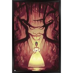 the princess and the frog poster is shown in front of a red background with trees