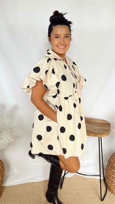 Be stylishly chic in The South End Dress. This cream dress features a fun and simple black dot print, button up detail, and collar. Perfect for any occasion, it's a versatile piece that effortlessly transitions from day to night. Model is wearing a Small Day To Night, Boot Accessories, To Night, Black Dots, Cream Dress, Sunglasses Sale, Dot Print, Dress First, Skirt Pants