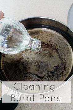 a dirty pan with a bottle in it and the words 3 small steps to clean burnt pots