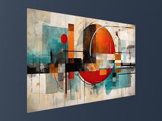 an abstract painting on a wall with blue and orange colors, including circles and lines