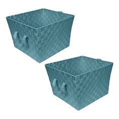 two blue baskets with handles on each side