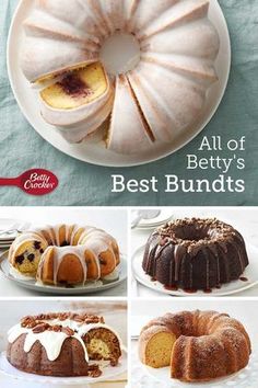 a collage of bundts with different toppings on them and the words, all of betty's best bundts