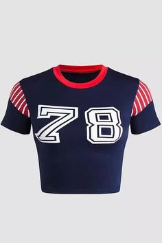 Details: Cropped T-shirt with handkerchief design and 78 number print Top Length: Cropped Sleeve Length: Short Sleeves Materials:95% Polyester + 5% Spandex Handkerchief Design, Cropped T Shirt, Crop Tshirt, Print Top, Print Tops, Shirts Tops, Navy Blue, Short Sleeves, Sleeve Length