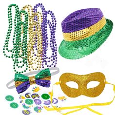 mardi gras party supplies including mask, beads and hat