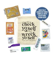 an assortment of items that include toothpaste, gums, and dental floss