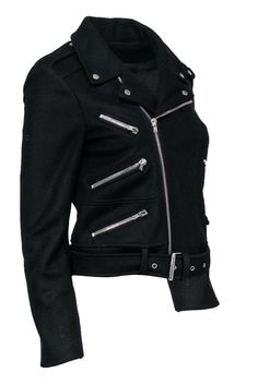 Bring out your rebellious side with this jacket from The Kooples! Silver accents add edge to this sleek piece. Perfect for throwing on for your next night out. Pair with leather pants and a bodysuit for an over-the-top look. Add stilettos and you'll be bound to turn heads! Size M Shell: 80% Wool, 20% Nylon Lining: 70% Acetate, 30% Polyester Front zip-up closure Lined Moto-style jacket Collared neckline w/ silver snap buttons Four zippered pockets on front One snap button pocket on front Built-in Black Winter Outerwear With Metal Zipper, Black Outerwear With Asymmetrical Metal Zipper, Winter Biker Leather Jacket With Metal Zipper, Black Biker Jacket With Metal Zipper For Winter, Biker Leather Jacket With Metal Zipper For Winter, Fitted Winter Biker Jacket With Metal Zipper, Black Outerwear With Metal Zipper For Fall, Fitted Biker Jacket With Metal Zipper For Winter, Black Leather Jacket With Metal Zipper