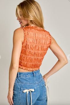 Ruched, orange crop top. Orange Crop Top, Gameday Outfit, Set Dress, Jumpsuit Romper, Lounge Wear, Crop Top, Jumpsuit, Rompers, Crop Tops