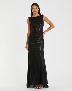 Metallic Jersey Cowl Back Column Gown Glamorous Fitted Maxi Dress With Pleated Back, Evening Maxi Gown In Elastane, Evening Elastane Maxi Gown, Elastane Maxi-length Evening Gown, Elastane Maxi Evening Gown, Chic Party Gown With Cowl Back, Chic Cowl Back Gown For Parties, Chic Cowl Back Party Gown, Evening Gown With Cowl Back And Opening