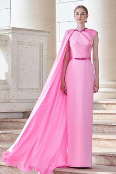 Elegant Cape Sleeves Maxi Dress For Banquet, Elegant Maxi Dress With Cape Sleeves For Banquet, Luxury Maxi Length Gown For Banquet, Luxury Sheath Evening Dress, Luxury Full-length Maxi Dress For Evening, Elegant Pink Dress With Cape Sleeves, Floor-length Silk Gown For Banquet, Silk Floor-length Evening Dress For Banquet, Elegant Pink Maxi Dress For Banquets