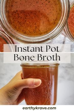 instant pot bone broth recipe in mason jars with text overlay that reads instant pot bone broth