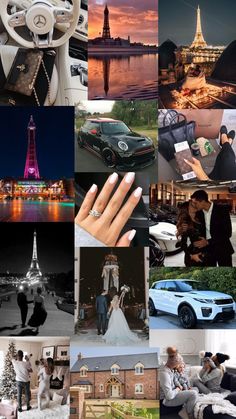 the collage shows many different pictures including people and their wedding rings, cars, and buildings