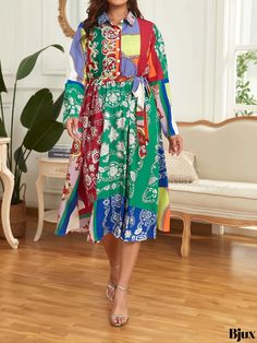 Bjux - Womens Plus Size Retro Lapel Collar Long Dress - Colorblock All Over Print Maxi Dress with Long Sleeves Green Long Sleeve Dress With Colorful Pattern, Long Sleeve Multicolor Color Block Dresses, Multicolor Long Sleeve Color Block Dress, Multicolor Color Block Midi Dress For The Beach, Colorful Long Sleeve Patchwork Dress, Colorful Patchwork Long Sleeve Dress, Spring Multicolor Patchwork Midi Dress, Multicolor Color Block Midi Dress For Spring, Spring Multicolor Color Block Midi Dress