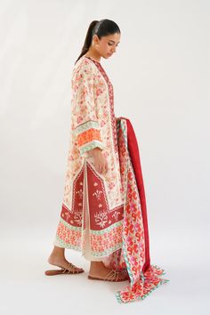 Laiya Red Silk Anarkali Lawn Suit, Red Silk Lawn Suit For Eid, Red Silk Lawn Suit With Traditional Drape, Red Naqshi Kurta, Red Silk Lawn Suit For Festivals, Red Lawn Suit With Dupatta For Transitional Season, Red Block Print Dupatta For Transitional Season, Transitional Season Red Lawn Suit With Dupatta, Transitional Red Block Print Dupatta