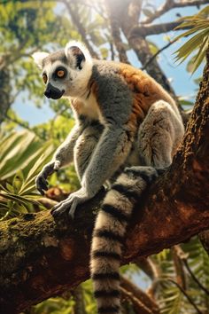 a lemur sitting on top of a tree branch