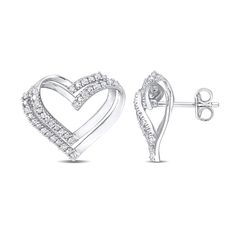 Express how much love means to you with the beautiful woven design of these diamond double heart stud earrings in sterling silver. Crafted in sterling silver Each earring showcases a pair of heart outlines in a layered and interwoven design. Diamonds and beaded details sparkle along half the look in a playful arrangement. Radiant with 1/5 ct. t.w. of diamonds These post earrings secure comfortably with friction backs. Diamond Heart Earrings, Love Means, Peoples Jewellers, Heart Stud Earrings, Silver Prices, Double Heart, Women Diamond, Woven Design, Lovely Earrings