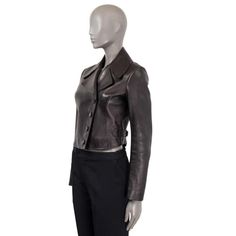 For Sale on 1stDibs - 100% authentic Alaïa notch lapel slightly cropped smooth black lambskin blazer jacket. Opens with four button at front, has padded shoulders and two side Formal Leather Jacket With Snap Buttons For Fall, Formal Fall Leather Jacket With Snap Buttons, Fall Formal Leather Jacket With Snap Buttons, Designer Double-breasted Leather Jacket For Work, Luxury Double-breasted Leather Jacket For Formal Occasions, Designer Double-breasted Leather Jacket For Formal Occasions, Formal Leather Jacket With Button Closure, Fitted Leather Jacket With Double Button And Long Sleeves, Designer Formal Leather Jacket With Snap Buttons