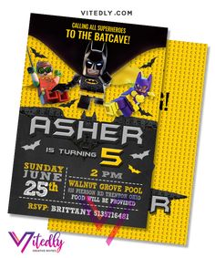 the lego batman birthday party is on display in this printable flyer for your child's birthday