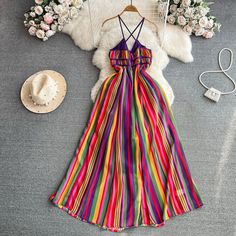 Vibrant Spectrum Striped Maxi Dress Summer Bohemian Color Block Dresses, Bohemian Color Block Summer Dress, Bohemian Multicolor Color Block Dress, Colorful Sleeveless Maxi Dress For Beach Season, Multicolor Color Block Dress For Summer, Pink Vertical Stripe Summer Dress, Pink Vertical Striped Summer Dress, Rainbow Sleeveless Dress For Summer, Colorful Maxi Length Dresses For Beach Season