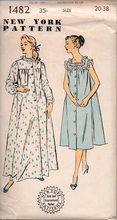 New York 1482 vintage sewing pattern, dated ca. early 1950s 2 Pretty Nightgowns: Long-length nightgown has high round neck and ruffle trim, 5 buttons for closing, long sleeves. Short length nightgown has square neck, 8 buttons for closing, lace band at yoke front and yoke back, lace edging at neck and armhole edges, is sleeveless. Size 20: Bust 38 inches / 97 cm Hips 41 inches / 104 cm Pattern is UNPRINTED, perforated with symbols. Pattern is UNUSED, still factory folded, in very good c... Pretty Nightgowns, Pleated Skirt Pattern, Womens Nightgowns, 2 Pretty, Toddler Pajamas